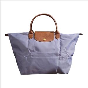 Longchamp Lavender Nylon Tote with Brown Leather Trim
